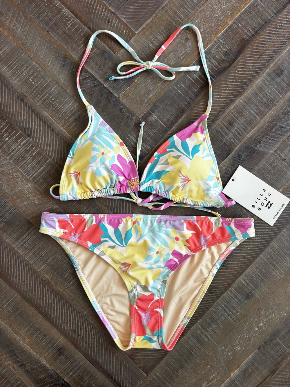Billabong Beach Babe Floral Multicolor Triangle Halter Bikini Set 2 Piece L